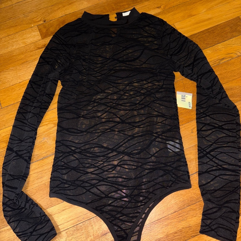 Black sheer long sleeve bodysuit with mesh details